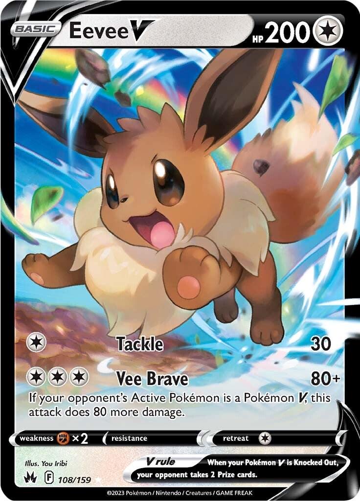 Una carta con Eevee V.
                    La carta es predominantemente de color beige claro y crema, con acentos de color marrón oscuro en el pelaje y las características de Eevee. El fondo es de un azul vibrante con vetas de colores arcoíris, lo que sugiere movimiento y energía.
                    Eevee V se representa en una pose dinámica, aparentemente en medio de la acción.