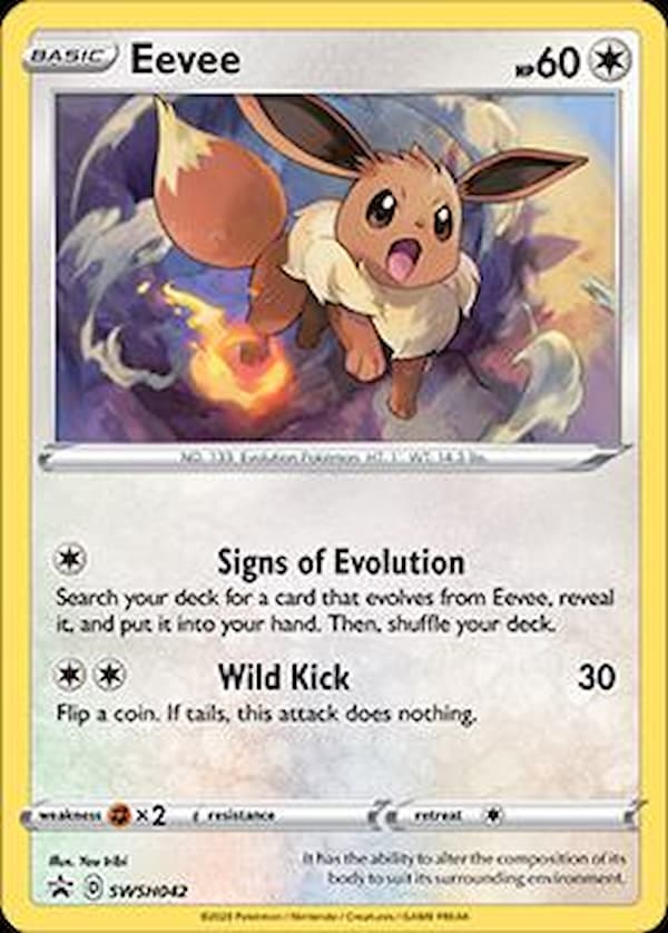 El fondo de la tarjeta es un color beige-crema apagado con patrones sutiles y en espiral.
                    La parte superior de la tarjeta muestra la imagen estilizada de un Eevee marrón y crema, en una pose dinámica, con llamas que brotan debajo de sus pies y un fondo que imita una atmósfera de nubes/viento.