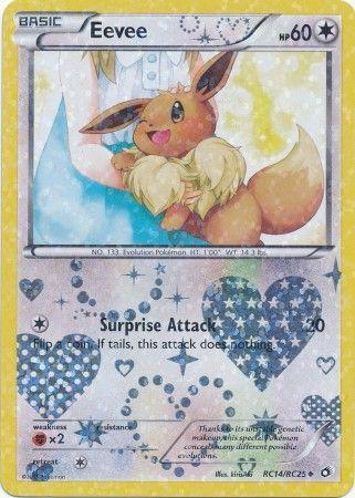 El Pokémon que aparece es Eevee, representado de forma estilizada y caricaturesca. Eevee es de color marrón claro con una cola y orejas esponjosas de color beige claro/crema. Tiene una expresión alegre. Una figura humanoide es parcialmente visible, aparentemente vistiendo una camisa blanca abotonada. Esta figura está posicionada detrás y ligeramente superpuesta a Eevee. Hay un sombreado azul claro/turquesa presente en el fondo detrás de Eevee. Hay corazones y estrellas estampados que son prevalentes en la tarjeta, creando un elemento de diseño que es azul claro/gris plateado y recuerda a la brillantina o los diamantes de imitación, con tamaños variados.
