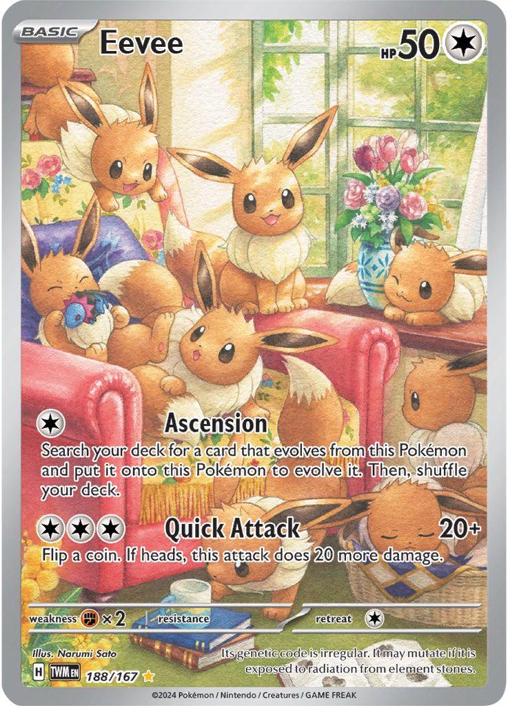 La imagen muestra a Eevee con 50 de HP. En la ilustración, varios Eevee están en un ambiente acogedor, con algunos descansando y otros jugando. La luz entra a través de una ventana, iluminando el lugar lleno de colores cálidos y una decoración hogareña, como un jarrón con flores. La carta detalla los movimientos de Eevee: Ascension, que permite evolucionarlo, y Quick Attack, que lanza una moneda para potencialmente aumentar su daño. Se menciona una debilidad a los ataques tipo lucha. La ilustración es de Narumi Sato.