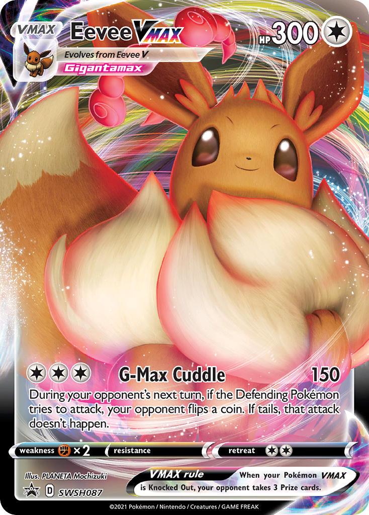 La composición de la imagen se centra en el Pokémon Eevee VMAX en el centro de la tarjeta.  Se presenta una ilustración dinámica y detallada de un Eevee VMAX. Los colores son vibrantes, con tonos rosados, amarillos y marrones que crean una estética llamativa.  El Pokémon es el elemento principal y está situado en el centro de la tarjeta, destacando su forma y características. La disposición de las ilustraciones y el texto proporciona una clara estructura visual.