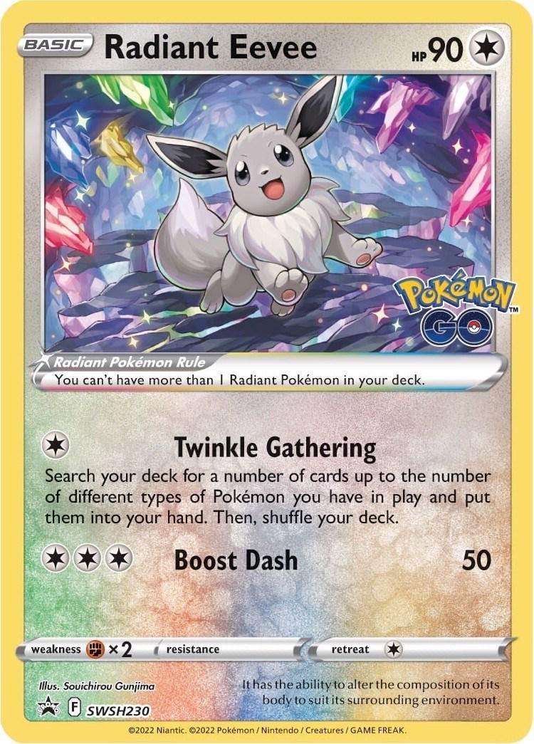 La imagen es una carta de intercambio de Pokémon que presenta a Radiant Eevee. La carta está bordeada con un marco dorado y brillante, dándole una apariencia especial. En el centro, una representación juguetona de Eevee está rodeada de gemas coloridas, mostrando una energía radiante y caprichosa. La carta muestra un HP 90 en la esquina superior derecha, indicando sus puntos de salud. Se enumeran dos habilidades: Reunión Brillante, que permite a los jugadores robar cartas basadas en los tipos de Pokémon en juego, e Impulso Rápido, que inflige 50 de daño. La carta también señala que los jugadores no pueden tener más de un Pokémon Radiante en su mazo. El fondo es un degradado vibrante de arcoíris, realzando el tema mágico.