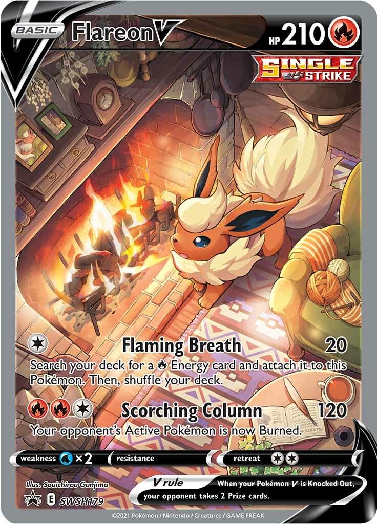 La carta presenta a Flareon, un Pokémon de tipo fuego. El fondo representa una escena acogedora con una chimenea e iluminación cálida. La ilustración de la carta muestra a Flareon en el centro, posicionado frente a la chimenea. 
                    