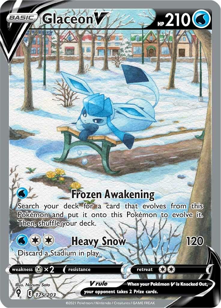 La carta presenta a Glaceon descansando en un banco de parque en una escena nevada. El fondo representa un parque invernal con casas y árboles, ambientado en una paleta de colores suaves de azules, grises y blancos que representan la nieve y el hielo.