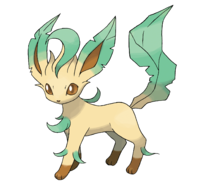 El Pokémon Leafeon es de color beige claro o crema con mechones de pelaje de color verde claro que parecen hojas. Las orejas son de color marrón con un diseño de hoja y con verde claro a lo largo de sus bordes. Los mechones de follaje/pelaje se extienden hasta la parte posterior de su cuello y a lo largo de sus lados