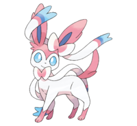 Sylveon se representa en una pose de pie, mirando ligeramente hacia su derecha. Su cuerpo es predominantemente de color rosa claro y blanco, con un tono de rosa ligeramente más oscuro alrededor de las orejas y la cara. Sus ojos son de un azul claro brillante, y sus rasgos faciales, incluyendo una pequeña corbata de lazo de color rosa claro, están detallados.
                        Dos extensiones grandes, fluidas, como cintas, principalmente en tonos blancos y azules claros, se extienden desde la parte superior de su cabeza y torso hacia abajo por su espalda.