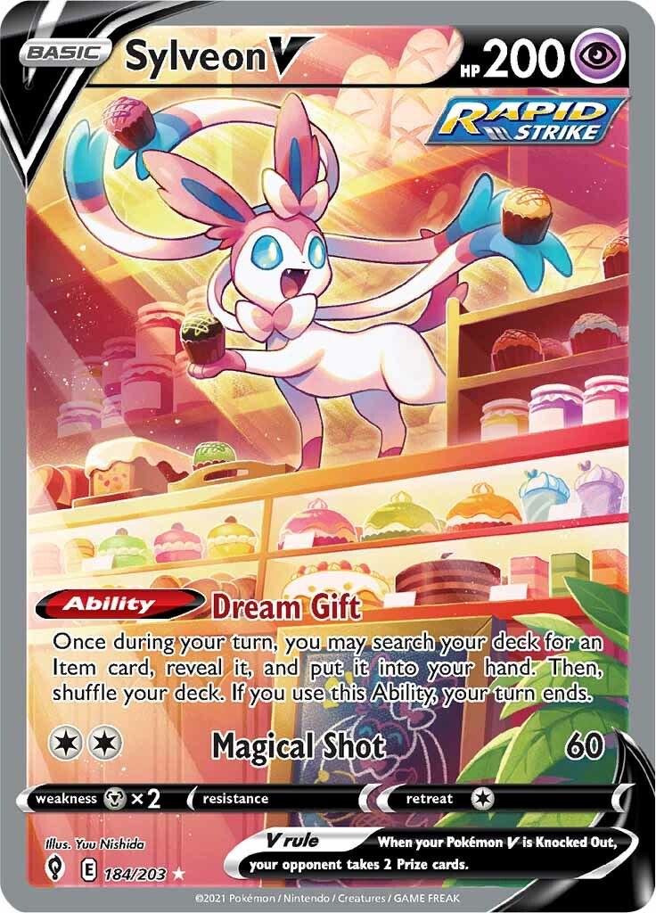 La ilustración muestra a Sylveon, un Pokémon de color blanco rosado claro, en un entorno temático de panadería, sosteniendo cupcakes y mostrando su características cintas largas, con colores rosa y turquesa. En el fondo se pueden ver estantes llenos de varios pasteles, tartas y postres.