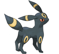 El Pokémon Umbreon está de perfil, mirando hacia su derecha. Su cuerpo es de color negro, con distintivos círculos amarillos o dorados en sus piernas, orejas y cola. Las orejas son grandes y puntiagudas con los mismos círculos amarillos/dorados. Se puede ver uno de sus ojos rojos.