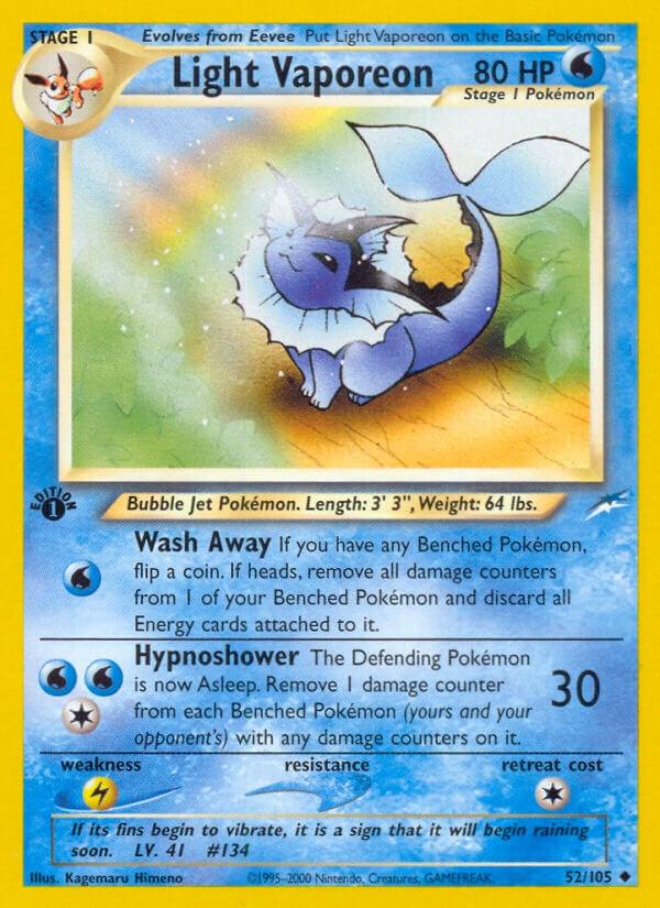 La imagen es una carta de juego de Pokémon que muestra a Light Vaporeon, un Pokémon de tipo Agua. El Pokémon está representado en el centro de la carta, y se le ve en una postura serena, casi juguetona. Es de color azul pálido, con aletas grandes y onduladas que recuerdan a una cola de pez y su expresión es tranquila y pacífica.
                        El fondo de la carta es un paisaje suave y difuminado con tonos pastel de amarillo, naranja y verde claro. Sugiere un ambiente luminoso y aireado, posiblemente cercano al agua. Hay pequeños puntos brillantes esparcidos por el fondo, que contribuyen a la sensación de luminosidad y magia.