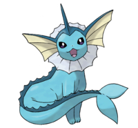 La imagen muestra a Vaporeon, una criatura de la franquicia Pokémon. Se le representa sentado, con su característico cuerpo azul acuático, aletas y una cola similar a la de una sirena. Tiene una expresión alegre.