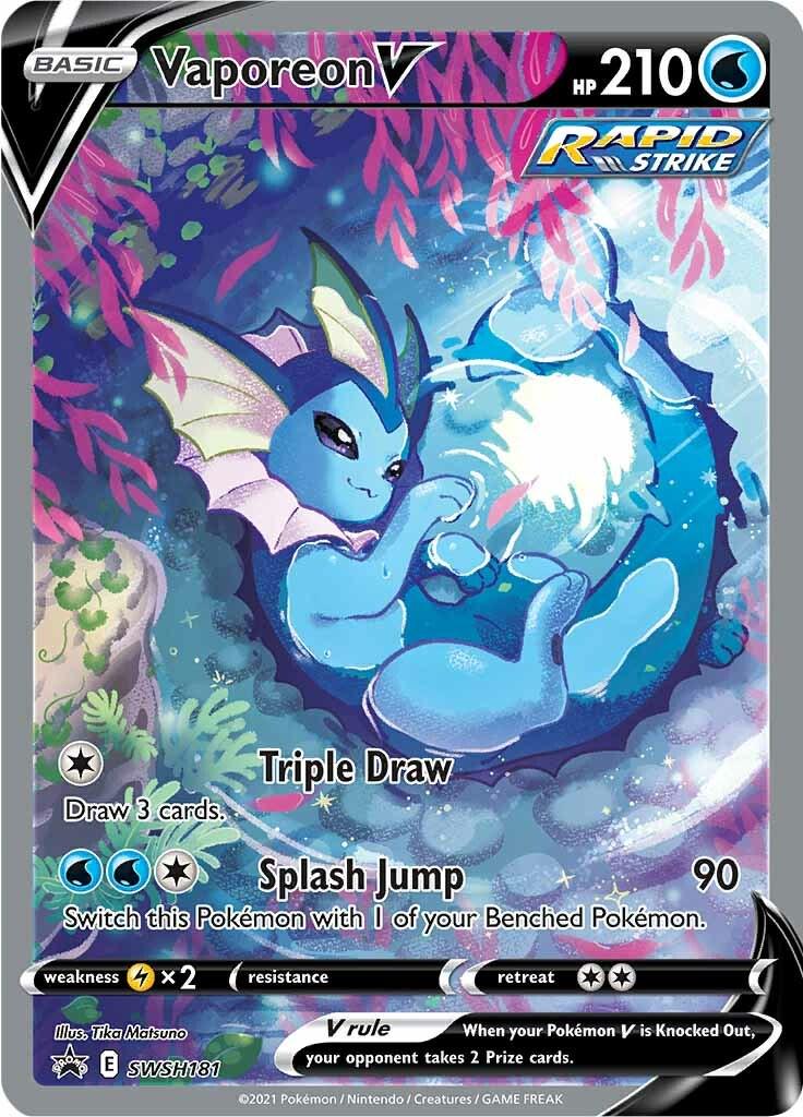 El arte de la carta es vibrante, mostrando a Vaporeon en una posición fetal pero juguetona sobre un fondo marino de colores azules, morados y rosas, con flora similar a algas marinas. El propio Vaporeon tiene un color azul claro con toques de rosa y morado, y el diseño tiene una calidad de ensueño y fantástica.